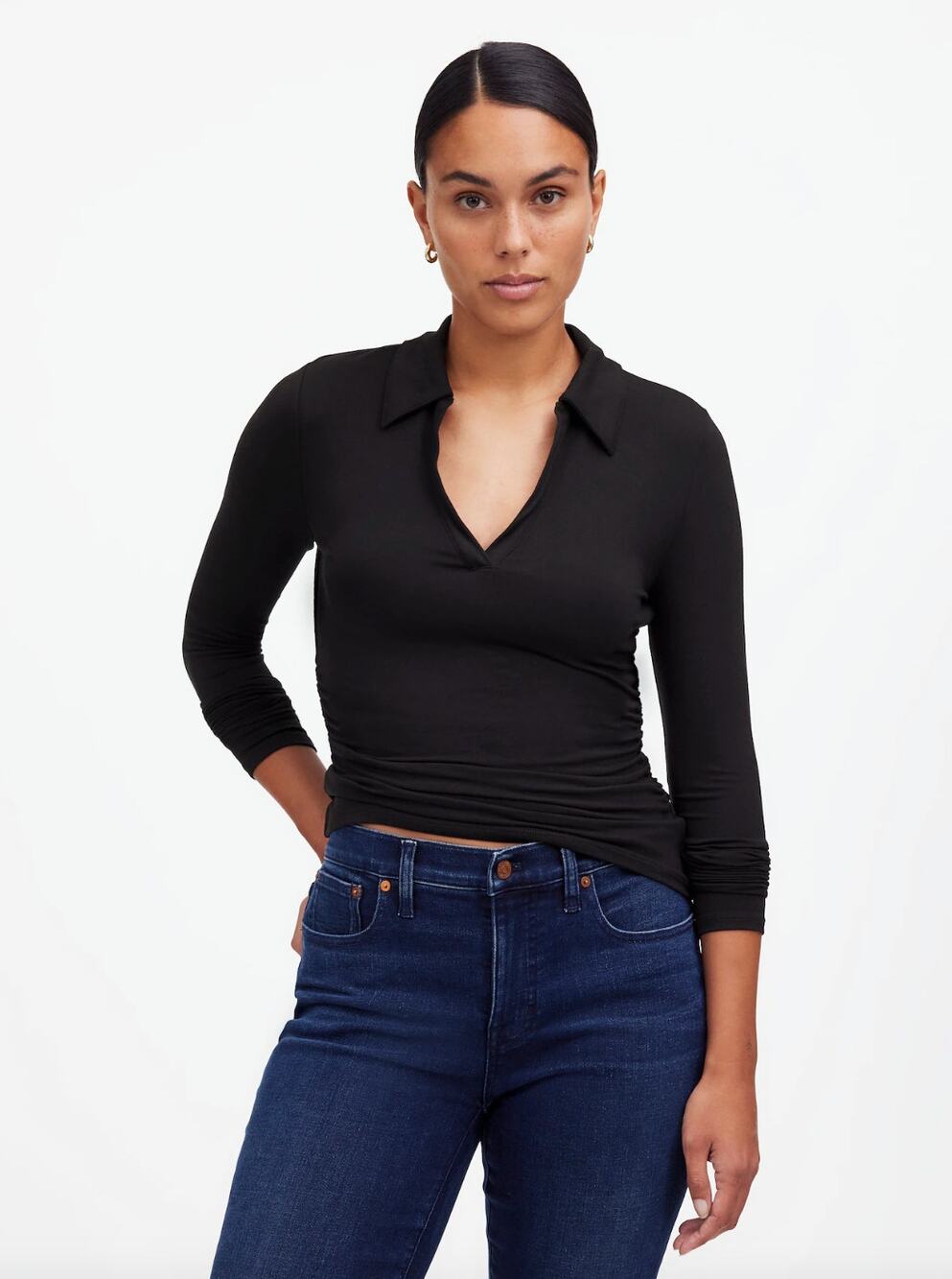 Madewell Side Cinch Long Sleeve Polo Top Stretch Jersey Knit Black XXS NWT